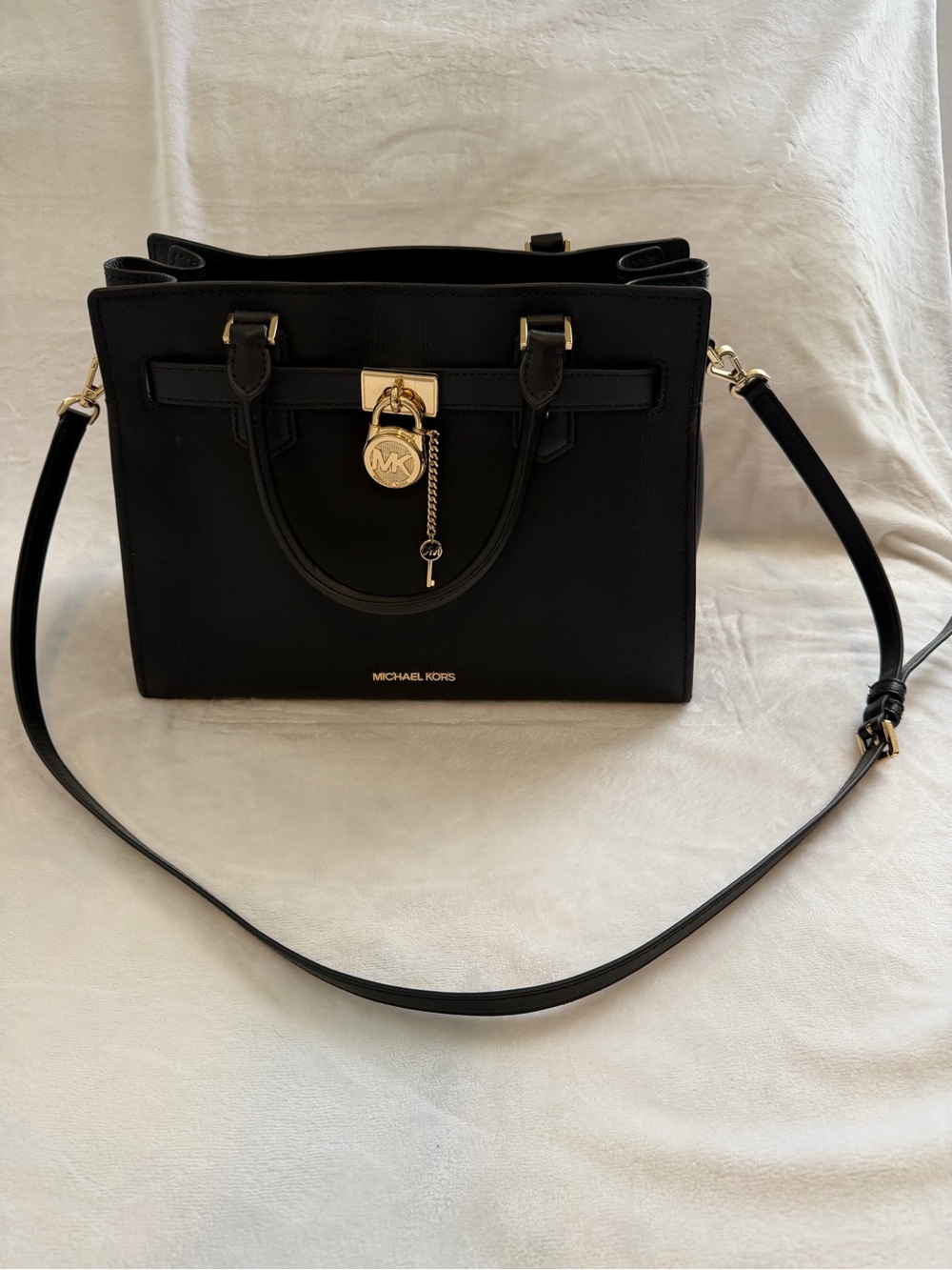 Michael Kors Hamilton Black Leather Satchel with Gold Hardware and MK Charm